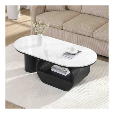Table basse ovale de luxe moderne, table basse de 47,24 po avec tiroir de rangement, plateau en faux marbre, table centrale en métal noir pour le salon