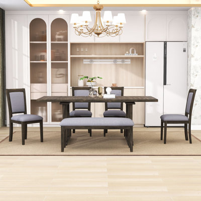 Ensemble de salle à manger extensible 6 pièces avec rallonge amovible, table à tréteaux, 4 chaises rembourrées et banc