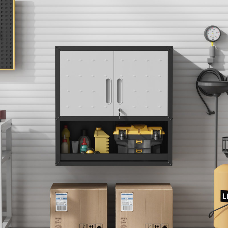 Armoire murale de rangement en métal 29,5 po de largeur - 2 portes, facile à installer, Noir/gris