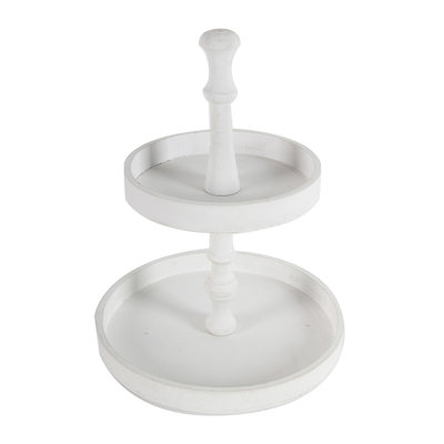 15.4" H Two-Tiered Round White Wooden Tray, Farmhouse 2-Tier Serving Stand for Kitchen & Dining