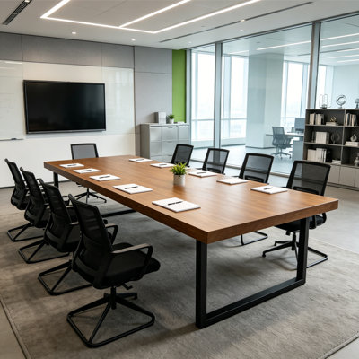Rectangular solid wood conference table with black industrial-style base