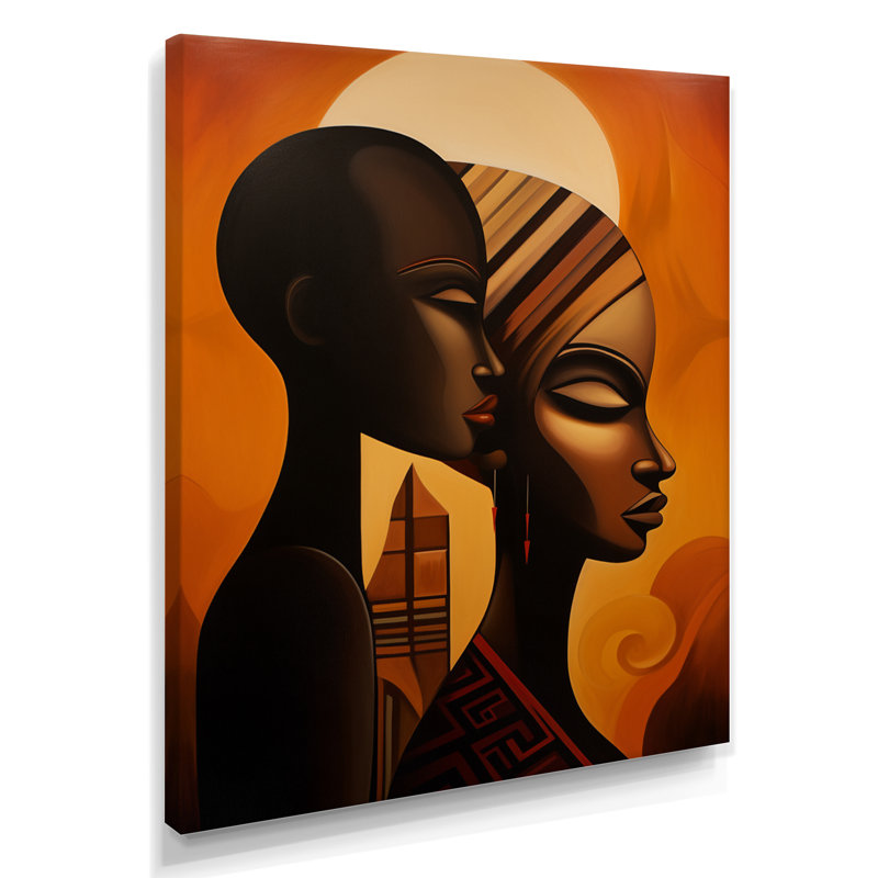 «Retro Minimal Double Ebony Profile II», art mural masque africain, H 20 po x l 12 po x P 1 po, Toile tendue