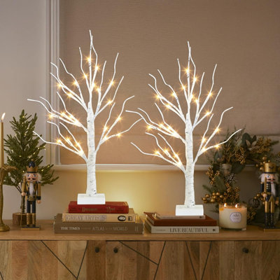 Christmas Decorations, 2FT Birch Tree with LED Lights, Warm White Light up Tree Lamp, Artificial Trees for Home Table Inside, Battery Powered, Timer (2PK)