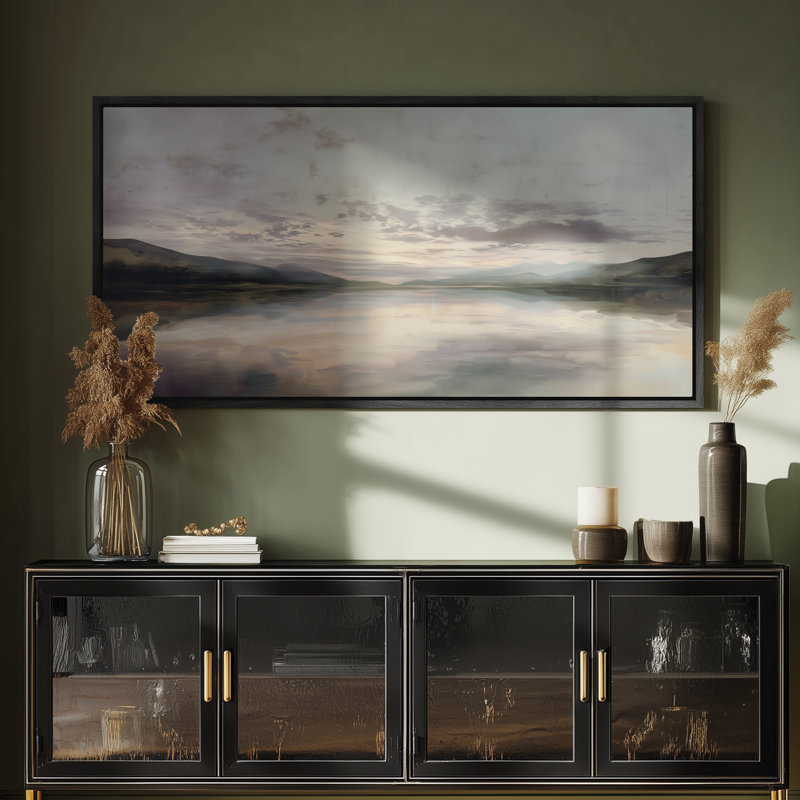 «Tranquil Lakeside Sunset in Pastel Skies», impression murale pour chambre à coucher, H 30 po x l 60 po, Noir