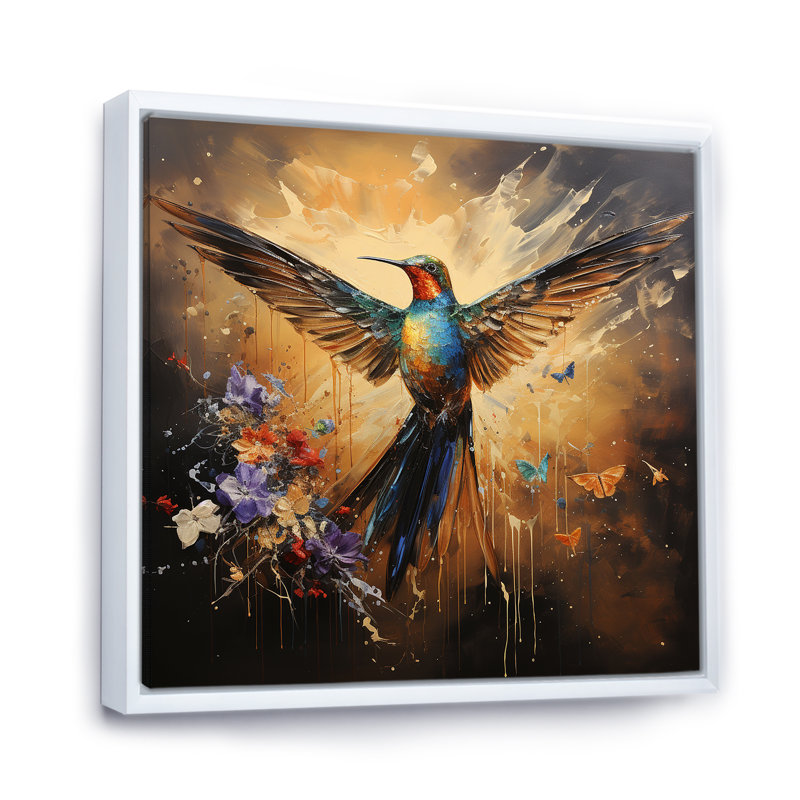 Colibri à plumes, flamme 2 - Art mural colibri, Cadre flottant blanc, H 16 po x l 16 po