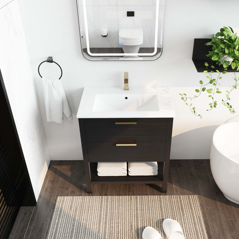 Meuble-lavabo 30 po avec lavabo et 2 tiroirs à fermeture douce, poignée dorée