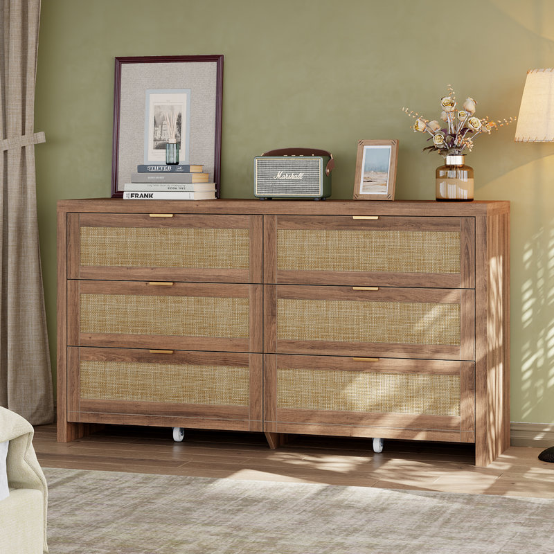Commode 6 tiroirs avec roulettes, noyer