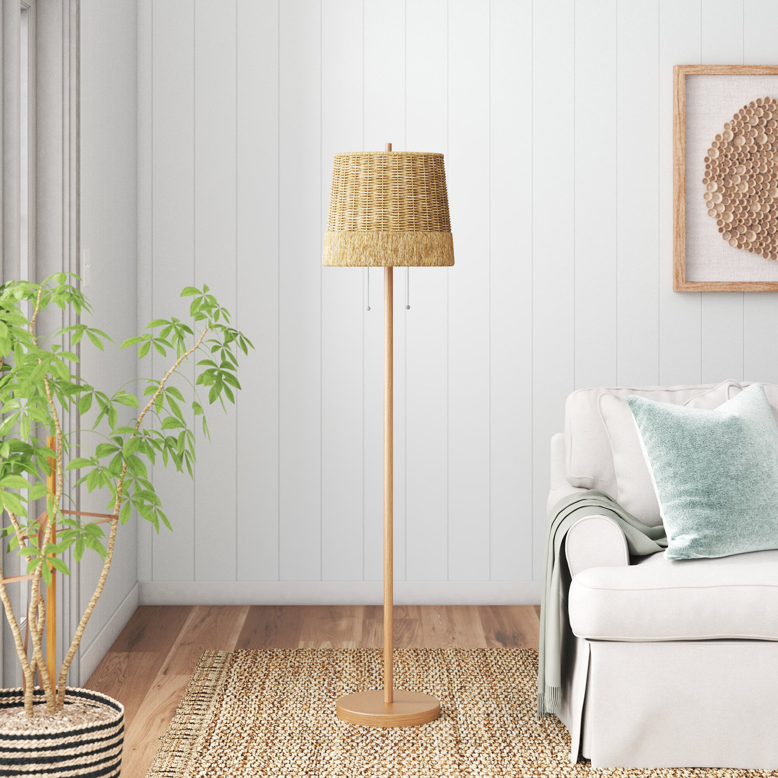 Arc Floor Lamp with Remote Control, Boho Rattan Floor Lamps, Dimmable  Farmhouse