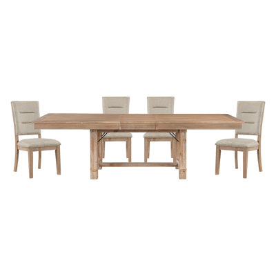 Light Oak Finish Dining Set Self-Storing Leaf Table and Side Chairs Beige Wooden Dining Furniture