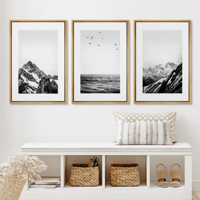 Natural Framed Black and White Landscape Canvas Print Set