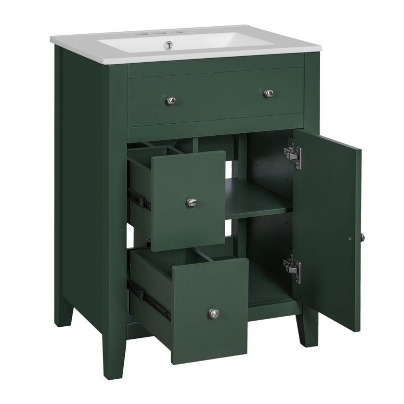 24-inch Modern Bathroom Restroom Vanity Cabinet with Ceramic Basin, Green