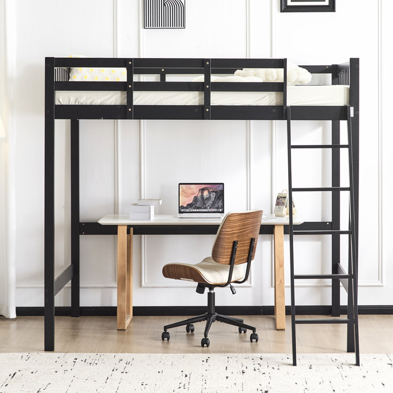 Solid Wood Loft Bed Full Size With USB Charging Station/LED With Flat Rungs, 15 Inches High Guardrail,Wood Slat Support No Box Spring Needed, Black