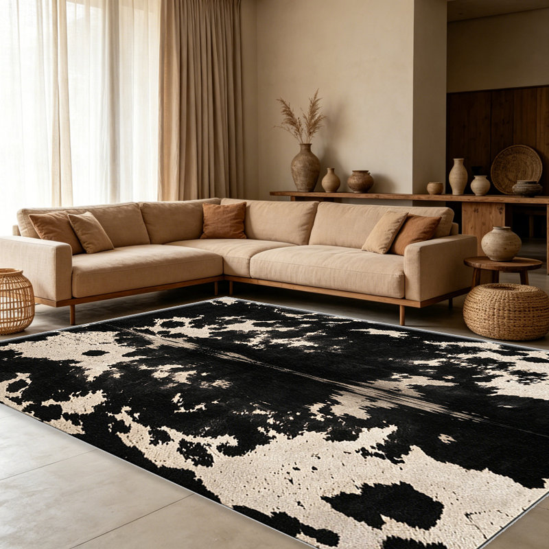 Black Cowhide Texture carpet-easy to clean, machine-washable, soft and comfortable; suitable for door mats, kitchens, living rooms, bedrooms, corridors, and laundry areas. Easy to clean, durable carpet for home decoration.