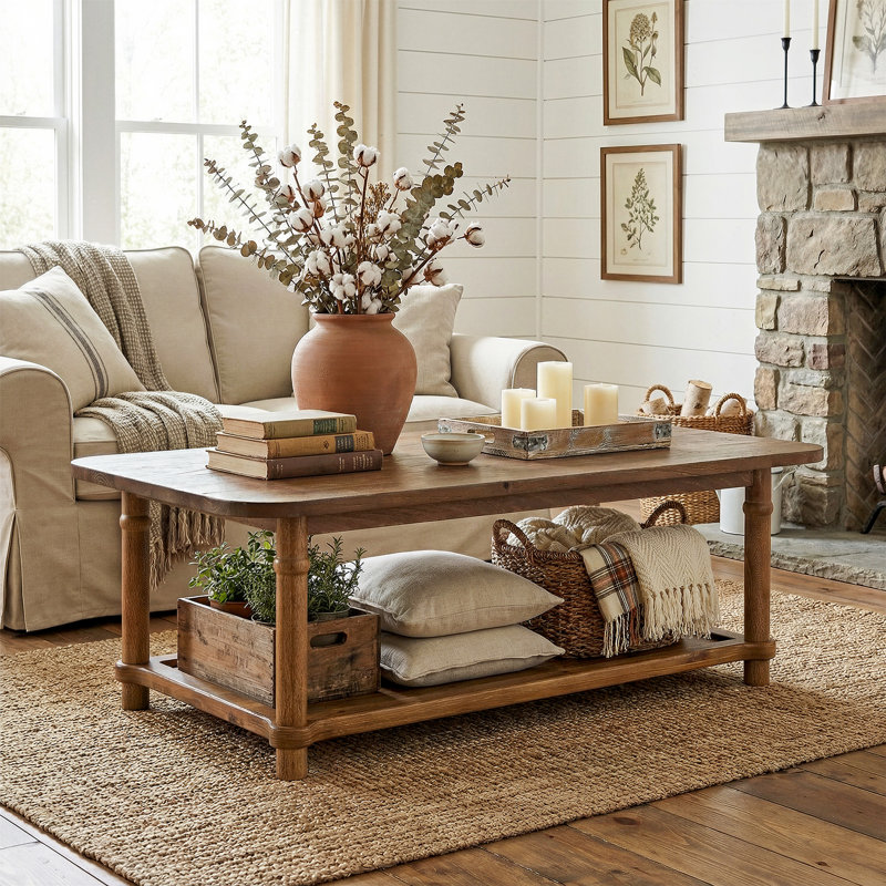 Table basse de 47 po en bois massif, centre de ferme moderne avec rangement à 2 niveaux, Noyer