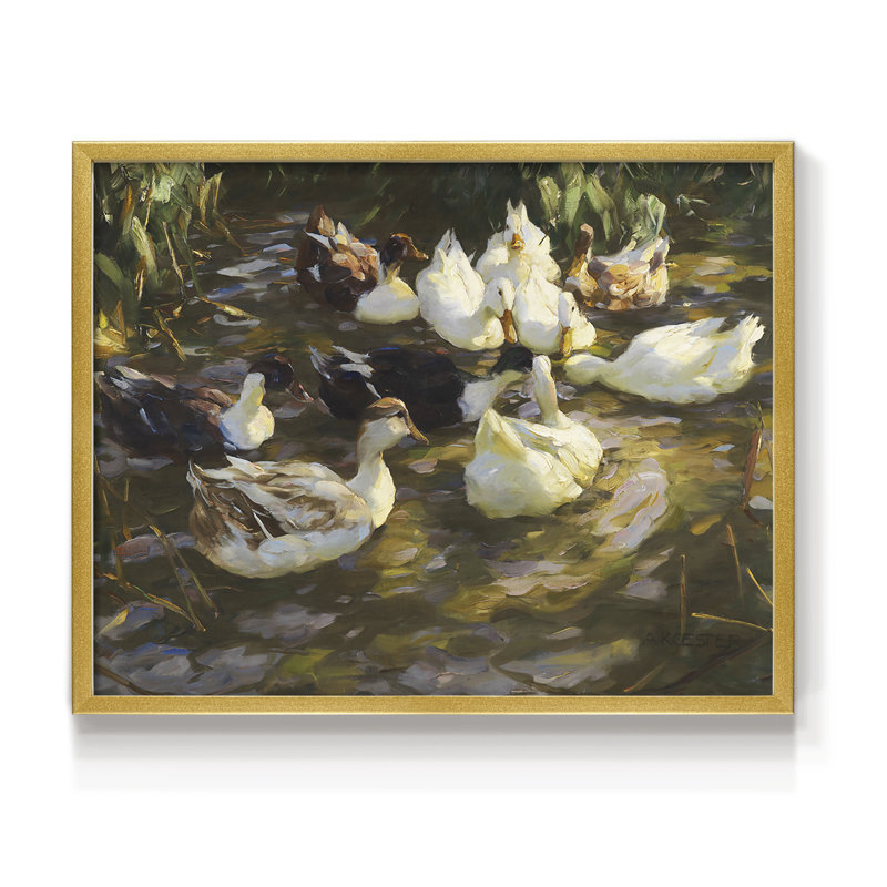 White Ducks in the Pond -Framed Print - Restickable, 16" H x 20" W, Gold