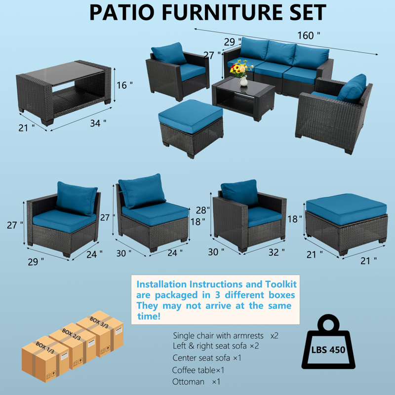 Ensemble de meubles de patio 7 pièces, Bleu paon