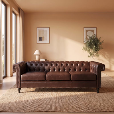 83.6" Chesterfield PU Leather Sofa with Rolled Arms and Nailhead Trim