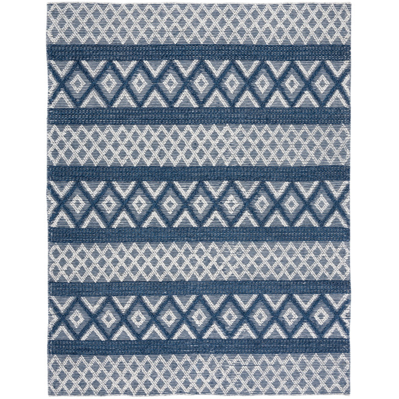 Vermont Hand Woven Wool/Cotton Geometric Rug in Ivory/Blue, Rectangle 9' x 12'