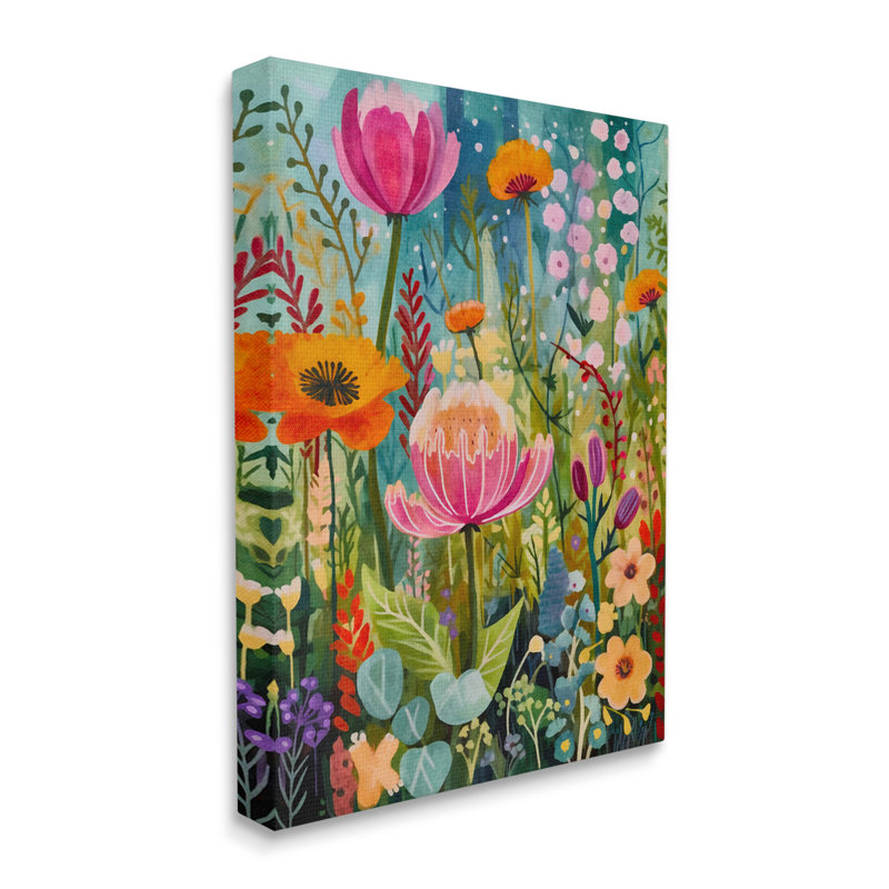 Peinture florale fantaisiste sur bois, H 40 po x l 30 po x P 1,5 po