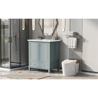 Ensemble de meuble-lavabo 30 po avec lavabo, armoire de salle de bain multifonctionnelle avec portes et tiroir, cadre solide et panneau de fibres à densité moyenne, vert