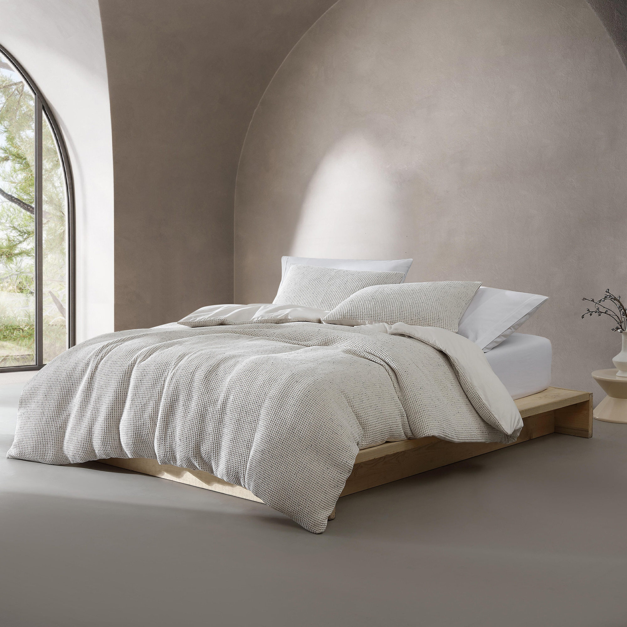 Calvin Klein Speckled Waffle Cotton Ivory Duvet Cover Set, King Duvet Cover + 2 King Shams