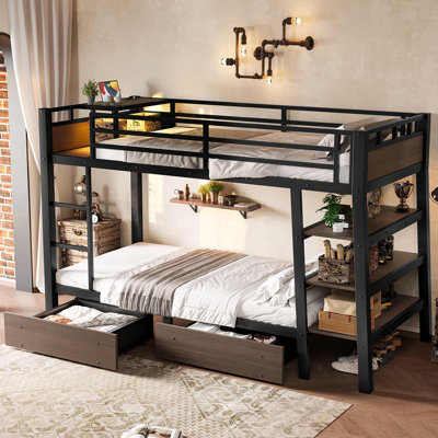 Metal Bunk Bed With Storage Shelves , LED Light Strip, And USB Power Strip