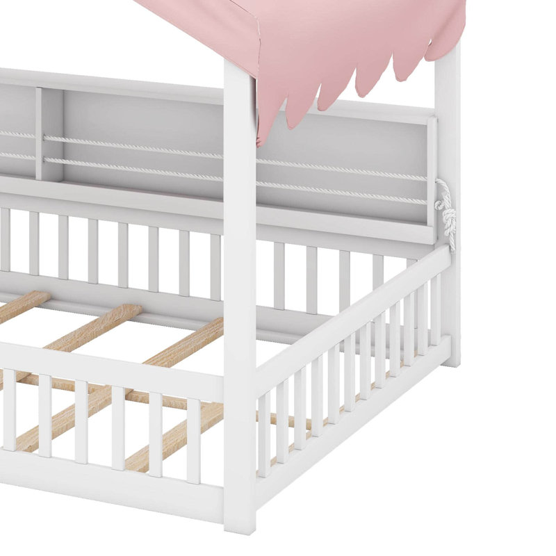 Full Size Wooden Floor Bed With Fense,3 Storage Bookshelves,Curtain And LED Light, White/Pink