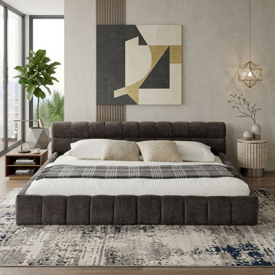Lit plateforme moderne capitonné en tissu chenille, tête de lit capitonnée, cadre bas et stable, sommier non requis