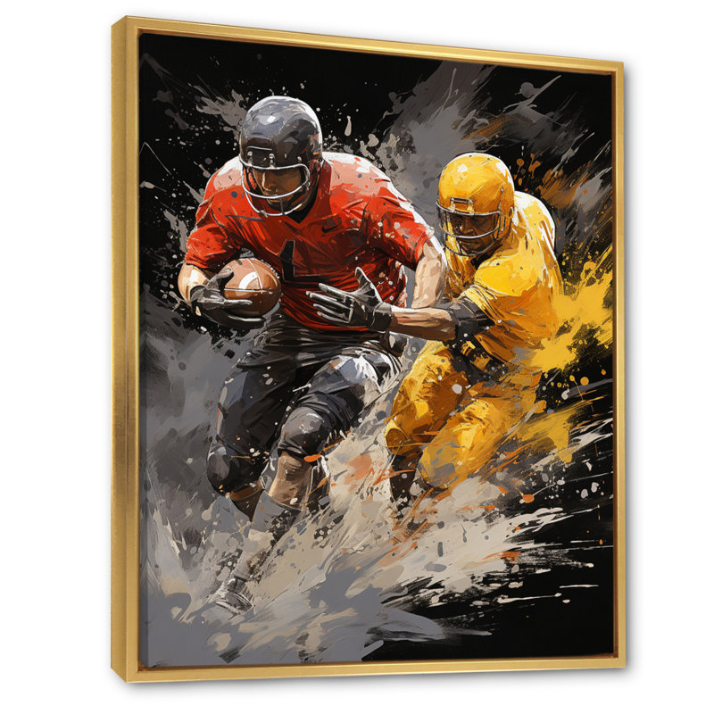 «Yellow Football Dynamic Plays I» - décoration murale sport, H 40 po x l 30 po x P 1,5 po, Cadre flottant doré