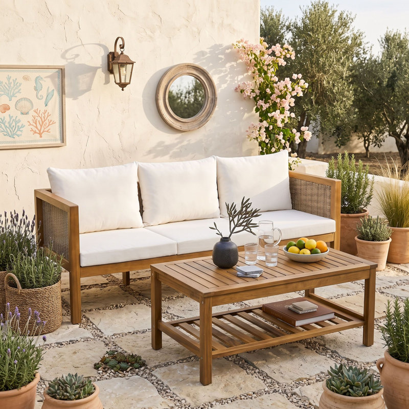 Ensemble de canapé de patio et de table basse 3 places en bois, Naturel beige