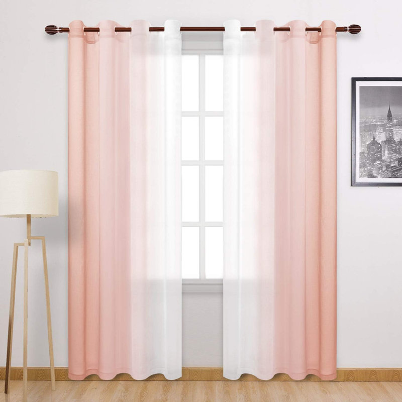 2 Panels Ombre Sheer Curtains Faux Linen Semi Voile Gradient Farmhouse Style Curtains, Grommet Top Window Drape Panels for Bedroom and Living Room