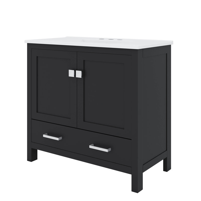 Ensemble de meuble-lavabo simple avec tiroir et tablette double, 36", Noir, Argent argent