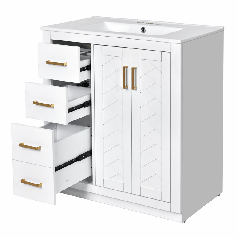 30'' Bathroom Vanity with Ceramic Sink Combo, White, Gold