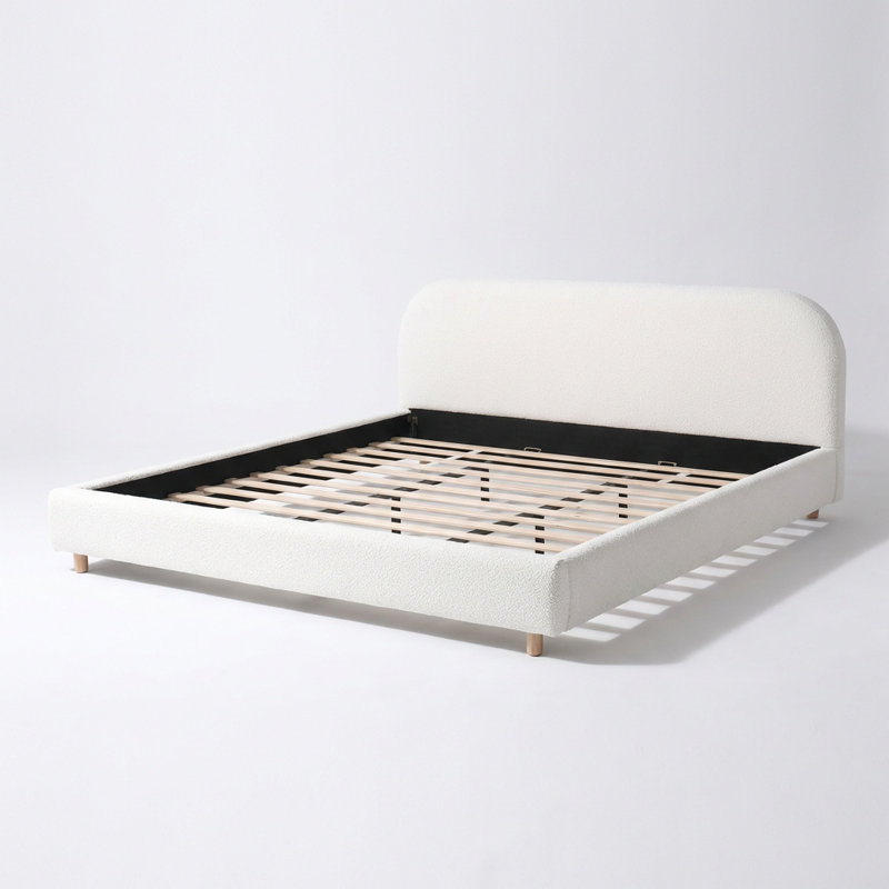 King Size Platform Bed with Curved Boucle Fabric Headboard, Upholstered Frame with Metal Support and Wood Slats
