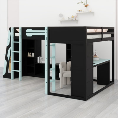 Cadre de lit de jeu en L en forme de L avec lumières DEL RVB, lits doubles, ports USB, meuble télé et tablettes de rangement, aménagement réversible, lit mezzanine en bois peu encombrant pour les adolescents et les adultes
