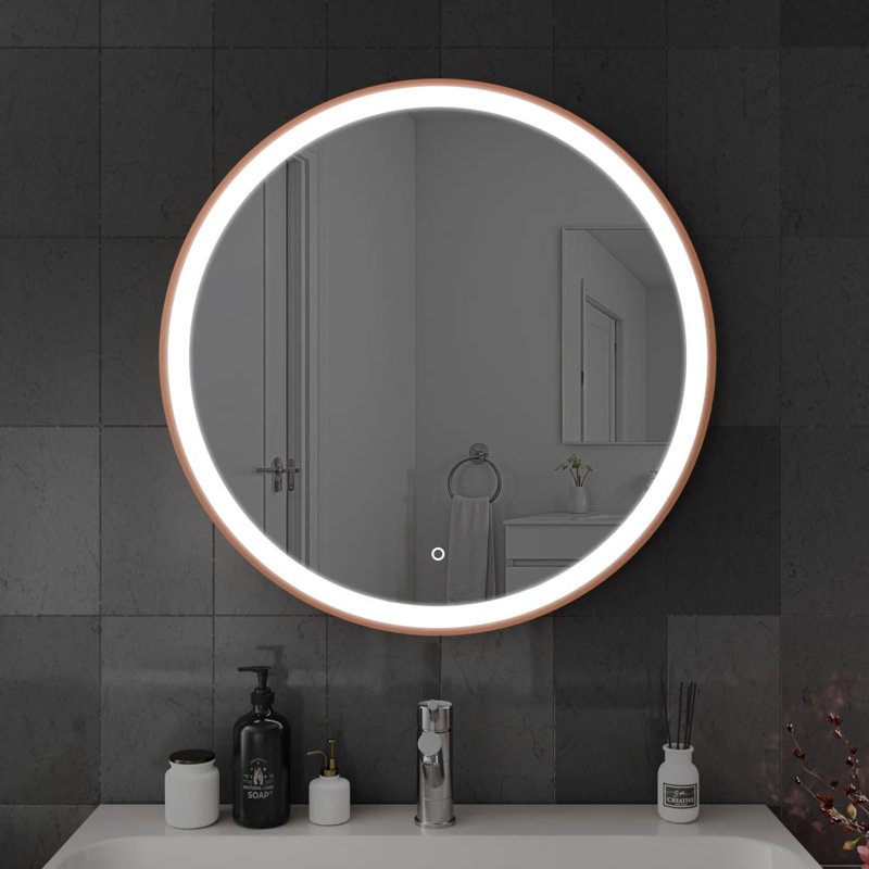 Round LED Bathroom Mirror Fog Free Touch Sensor, 80 cm H x 80 cm W, Brushed Copper