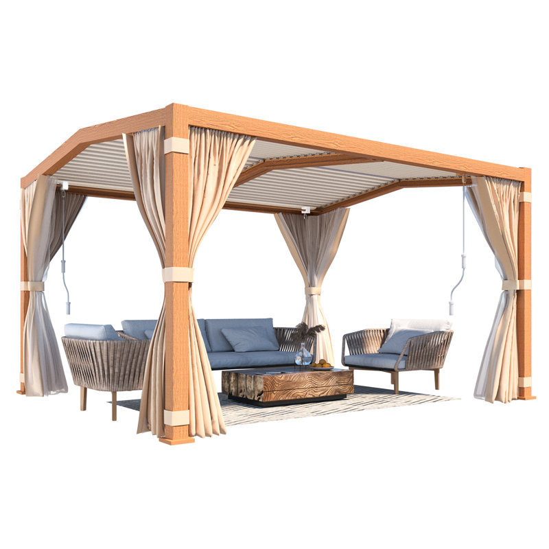 Pergola en aluminium l 13 pi. X P 11 pi. Finition jaune, toit à persiennes avec drainage intégré, rideaux amovibles et moustiquaire