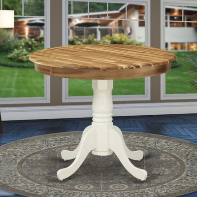 Antique Dining Table - a Round Wooden Table Top with Pedestal Base, Natural & Linen White