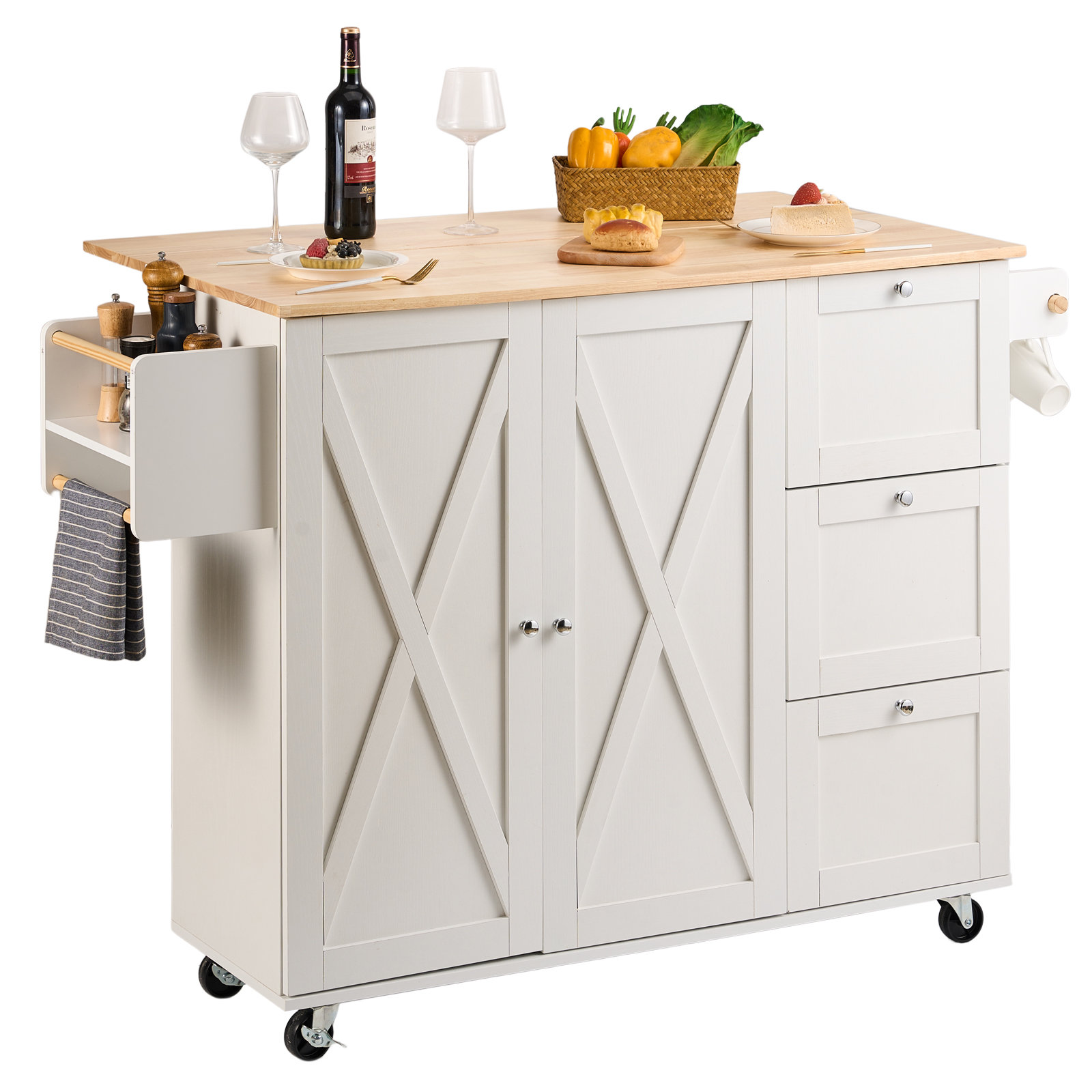 Gracie Oaks 45.3" Solid Wood Kitchen Island, Mobile Carts With Spice Rack, Towel Rack, Drop Leaf