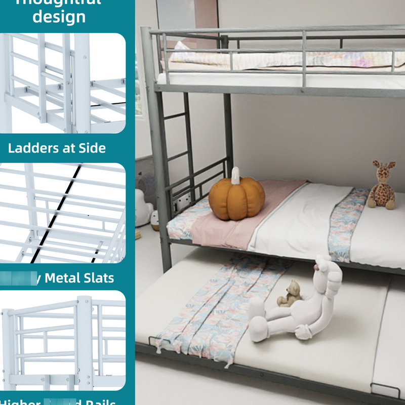 Lit superposé simple en métal argenté, très résistant et, réduction du bruit, garde-corps, sans sommier, peut être converti pour les espaces restreints, antidérapant, matelas spacieux, limite de 350 lb, assemblage sans tracas