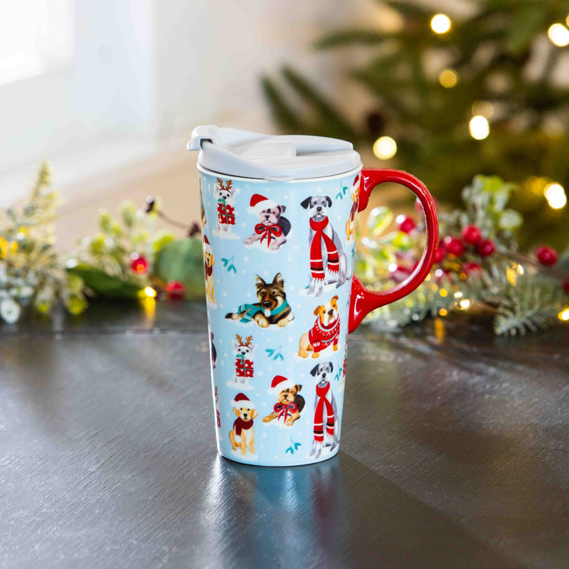 Tasse de voyage en céramique, 17 oz. , Avec boîte, chiens d'hiver avec écharpes