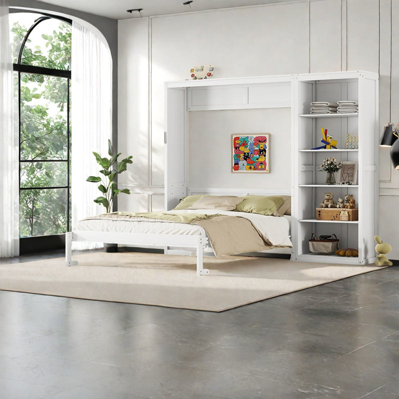 Lit mural grand format peu encombrant, bois massif avec finition blanche moderne
