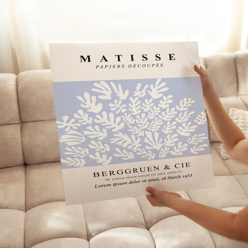 Abstrait matisse découpé bleu doux Mid-Century, reproduction d'art moderne sans cadre, H 14 po x l 14 po