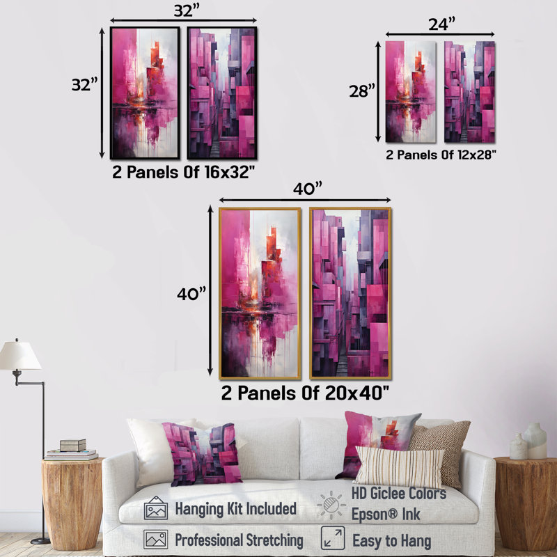 Fuchsia façades gratte-ciel horizon - ensemble de 2 impressions sur toile gratte-ciel, Cadre noir, H 40 po x l 41 po