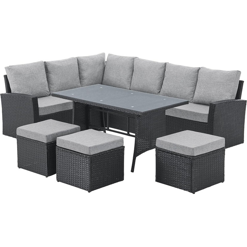 Lark Manor 9 Seat Liverpool Corner Sofa & Dining Rattan Garden Furniture Set for Patios Gardens, Black