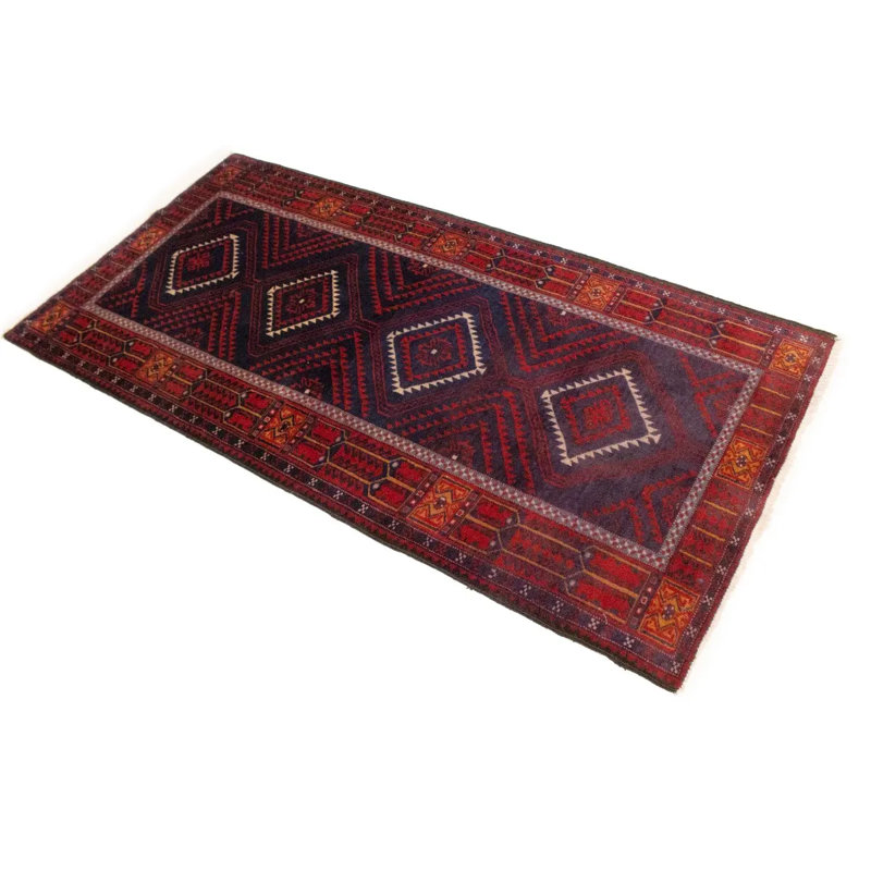 Tapis oriental semi-antique rouge et prune 3 pi 4 po x 6 pi noué à la main Tribal