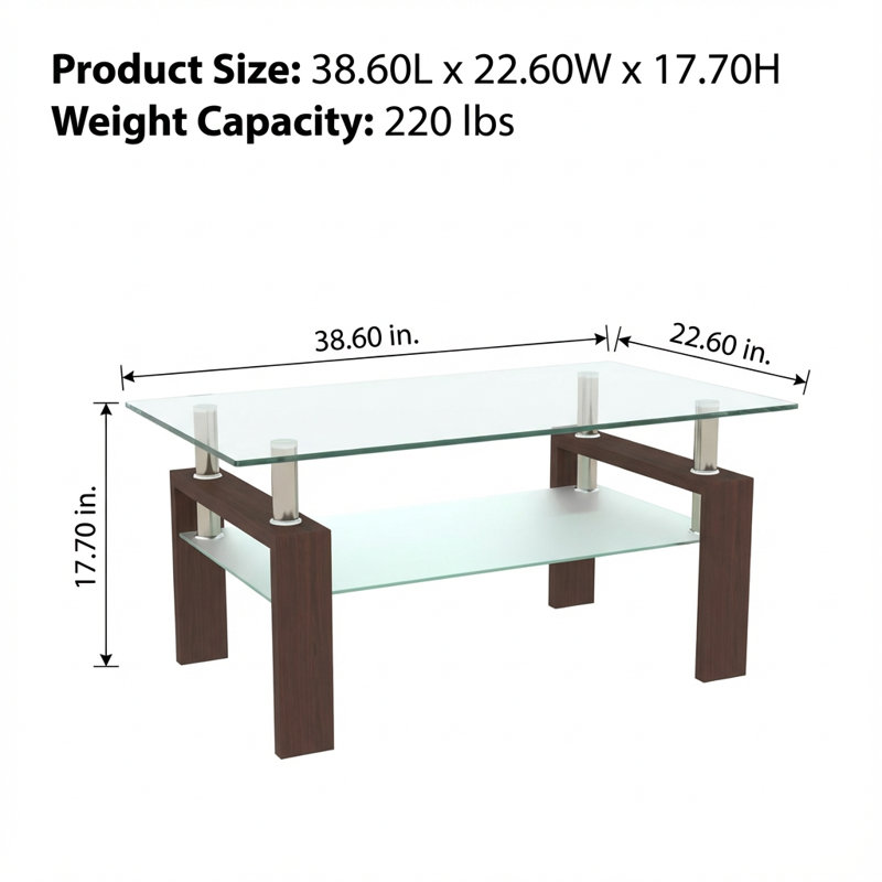 Table basse contemporaine en verre avec cadre en fer et espace de rangement double couche, Noyer