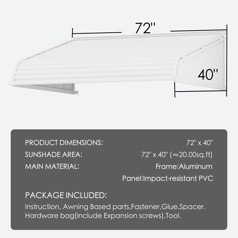 Auvent de fenêtre Kozyard l 72 po x P 40 po avec 2 ailes latérales, cadre en aluminium avec panneaux en PVC résistants aux chocs, angle de l'abat-jour réglé lors de l'installation, auvent de porte de protection contre la pluie, la neige et les rayons UV