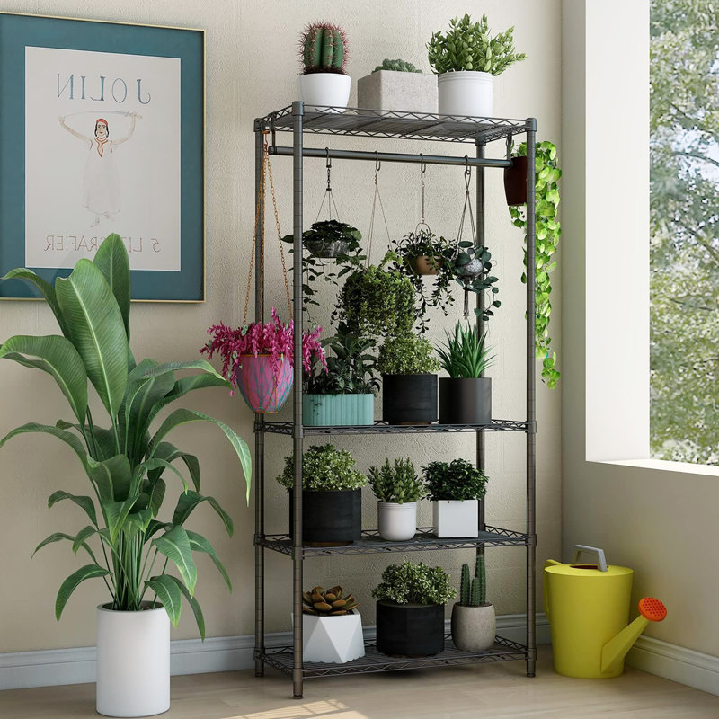 Support pour plante d'intérieur et extérieur à niveaux en métal avec tablettes réglables et tringle, indispensable pour la chambre à coucher, le balcon et le jardin