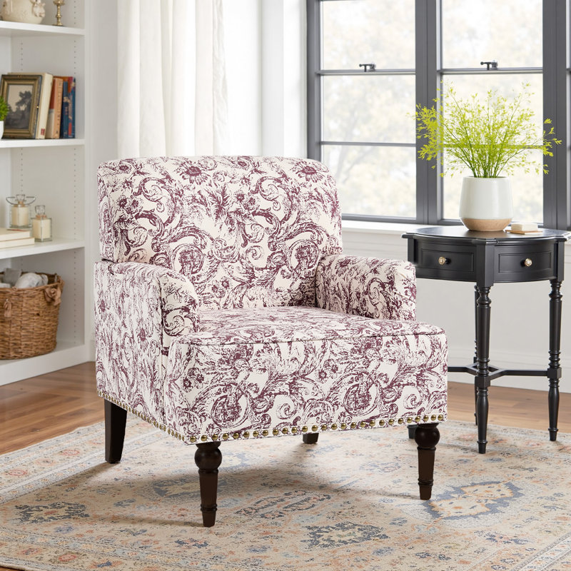Glenetta Iliana Upholstered Rococo Plum Cotton Blend Armchair with Solid Wood Legs and Nailhead Trim, Plum Chenille